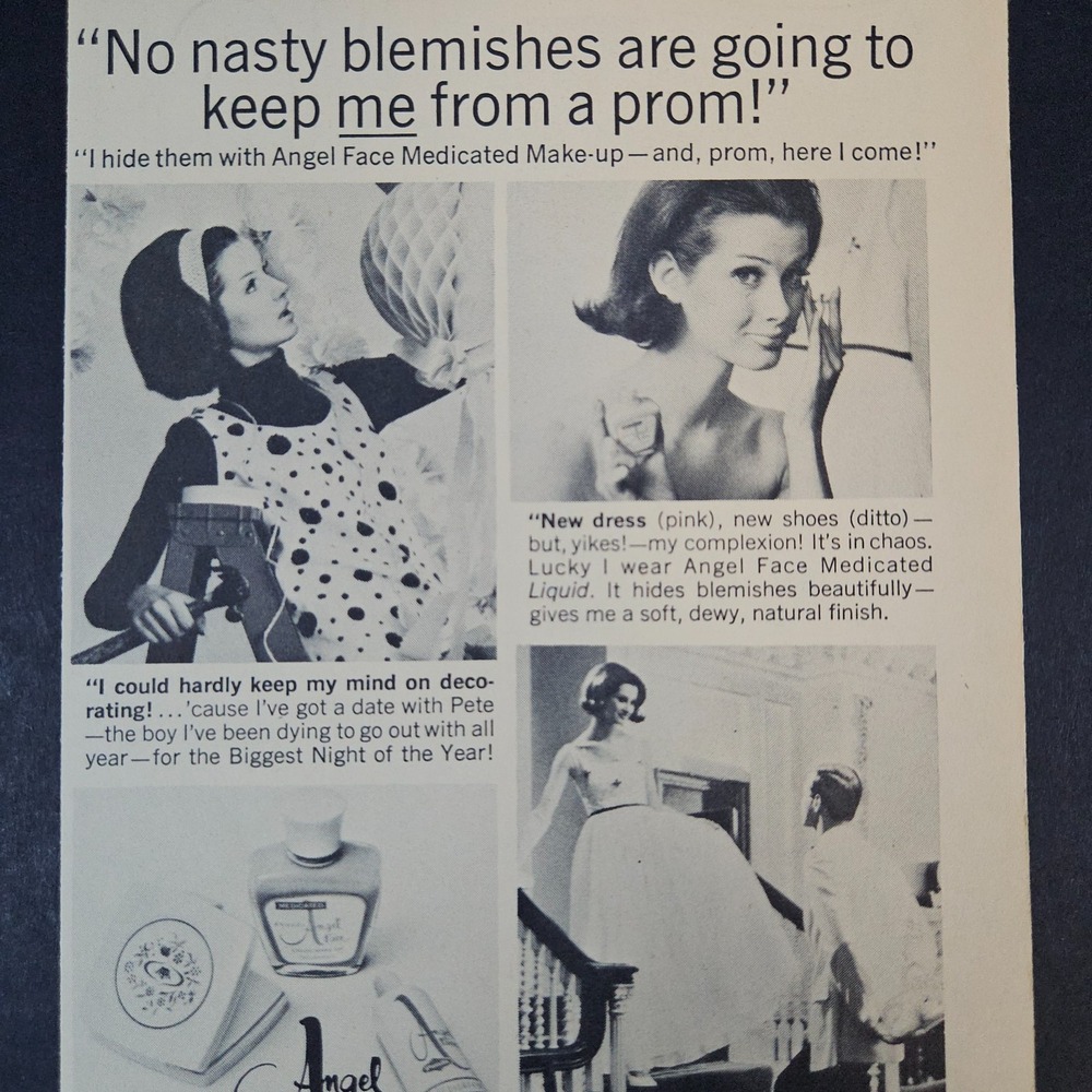 1964 Angel Face Medicated Make-Up Vintage Print Ad Girl Getting‎ Ready For Prom